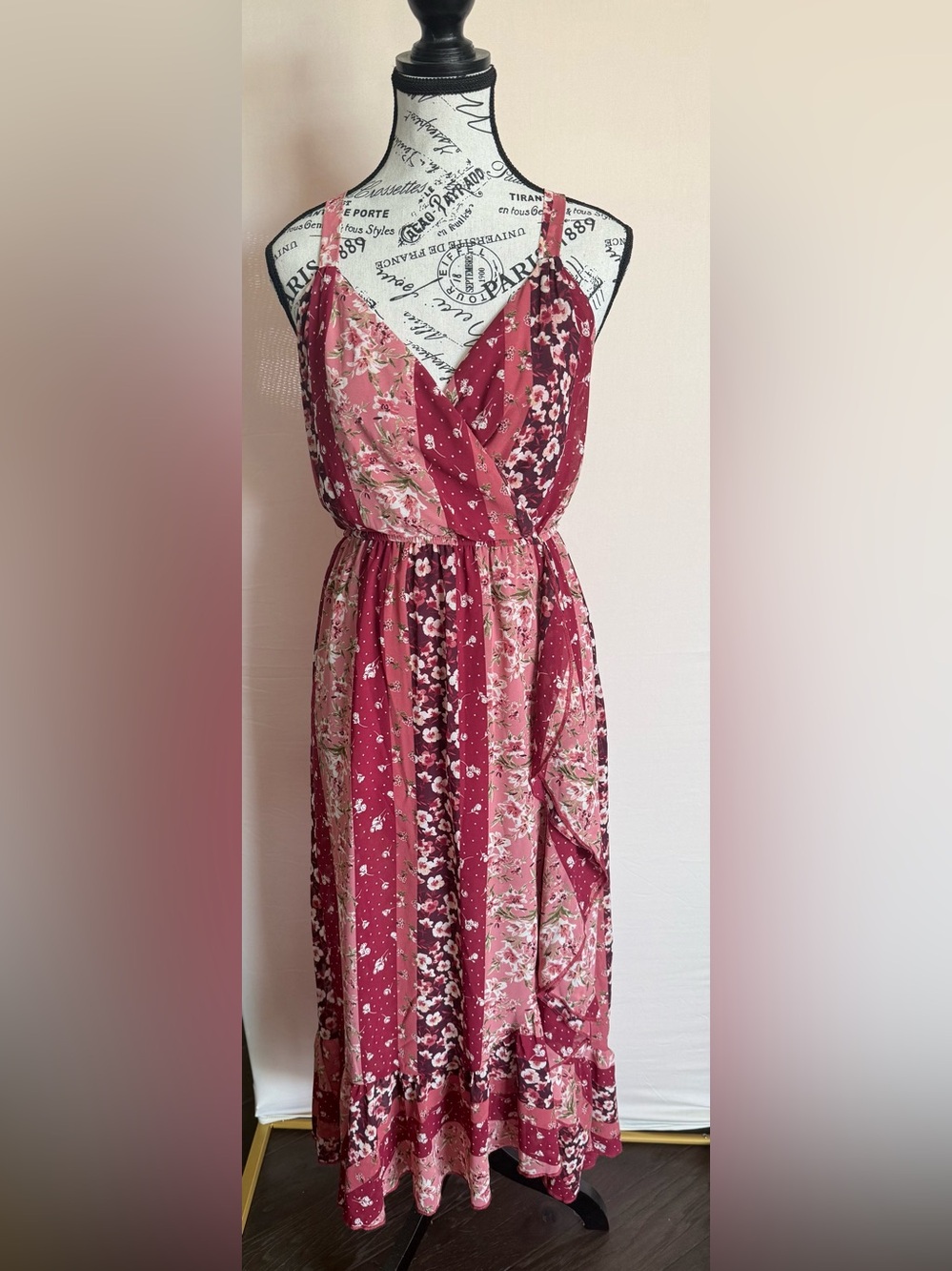 Speechless Patchwork Floral Maxi Dress in Wine and Pink